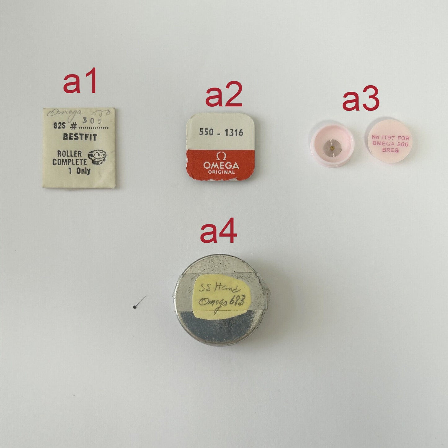 Omega Watch Parts Complete Roller & Fork cal 550 hairsping 265 SS hand for 683 - Used Watch Parts