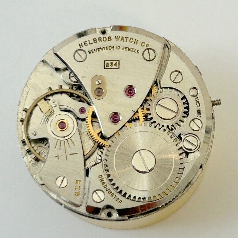 Helbros Cal 234 Watch Movement For Parts Balance Fork Spring Bridge - Used Watch Parts