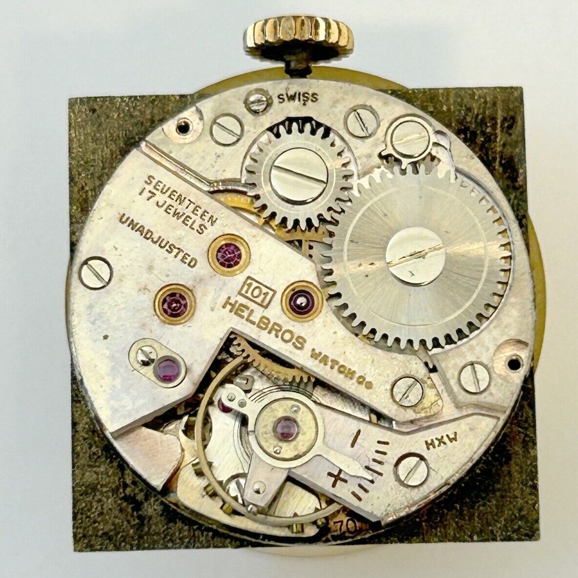 Helbros Cal 101 Watch Movement For Parts Balance Fork Spring Bridge - Used Watch Parts