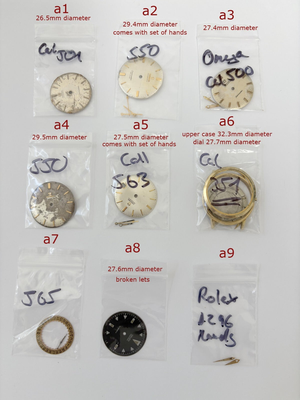 OMEGA Dials Hands Case Disc Stem Rolex A296 hands Gruen Ocean Chief Dial 565 550