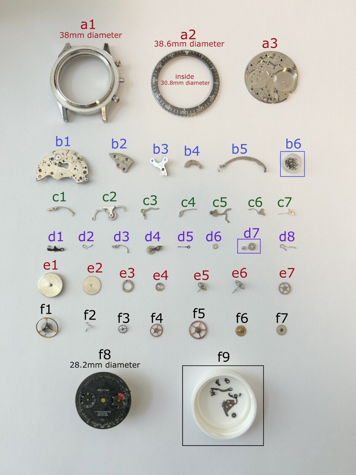 Croton Valjoux Cal 23 Chronograph Watch Movement Parts Case Bezel Balance Nivada - Used Watch Parts