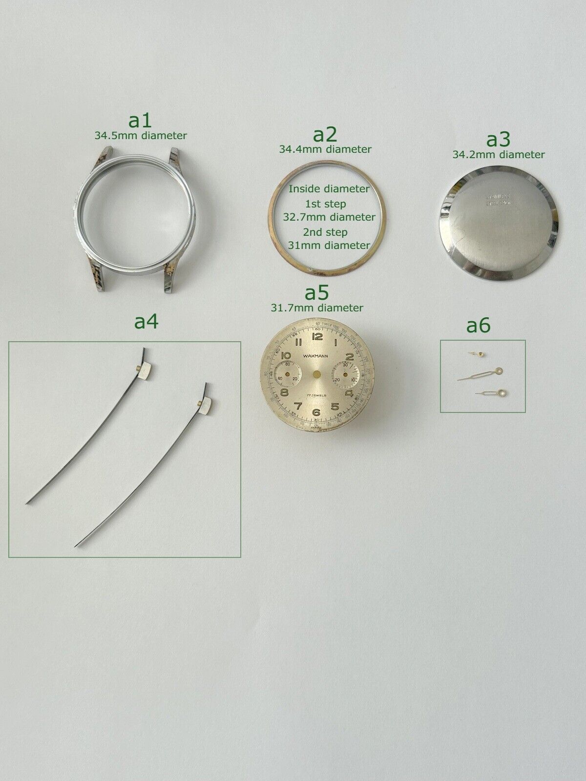 Wakmann Chronograph 34.5mm Parts Case Bezel Dial Hand Sub Second Venus 188 - Used Watch Parts