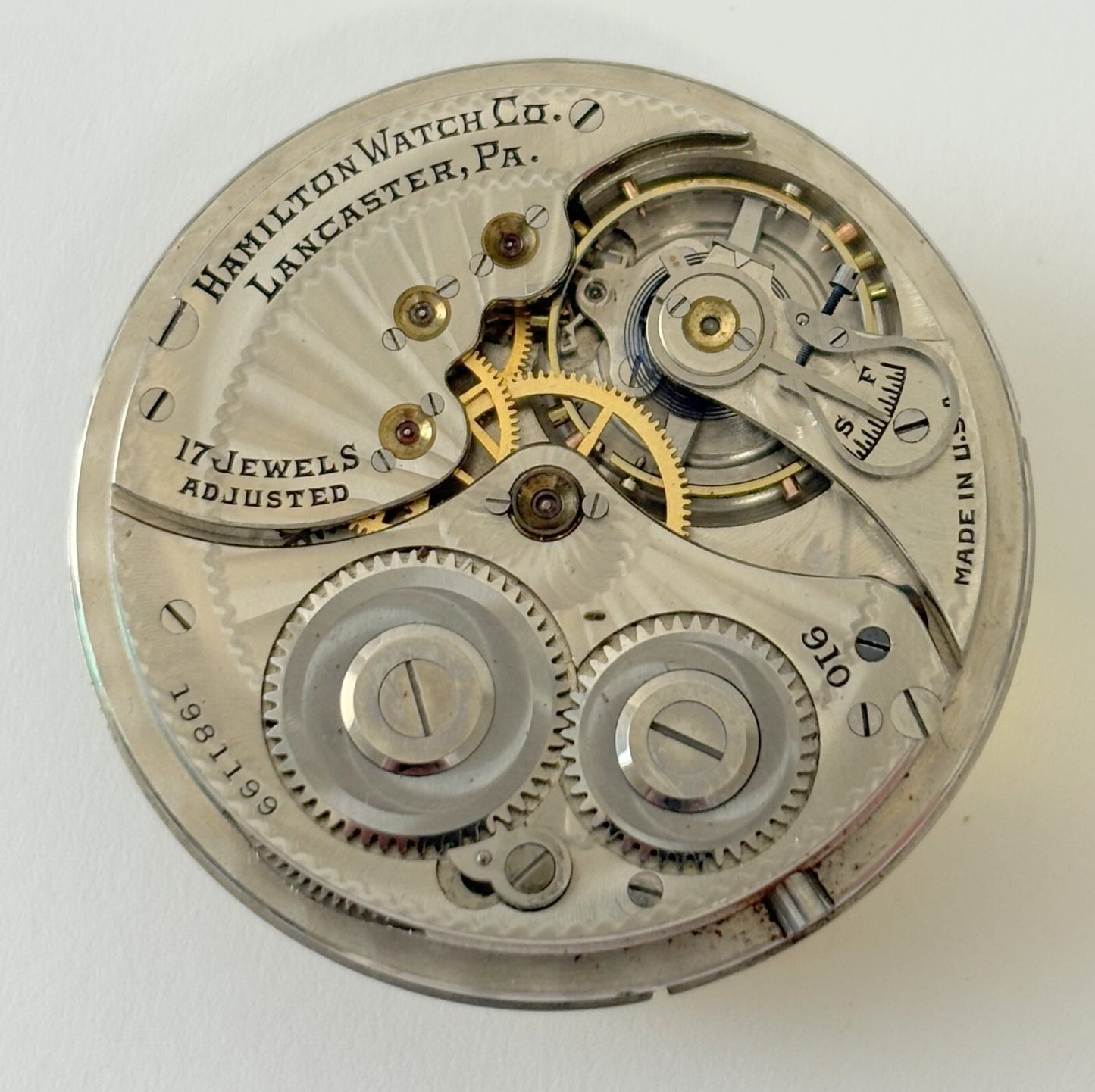 Hamilton Grade 910 Pocket Watch Part Movement Balance Fork Spring Bridge Dial