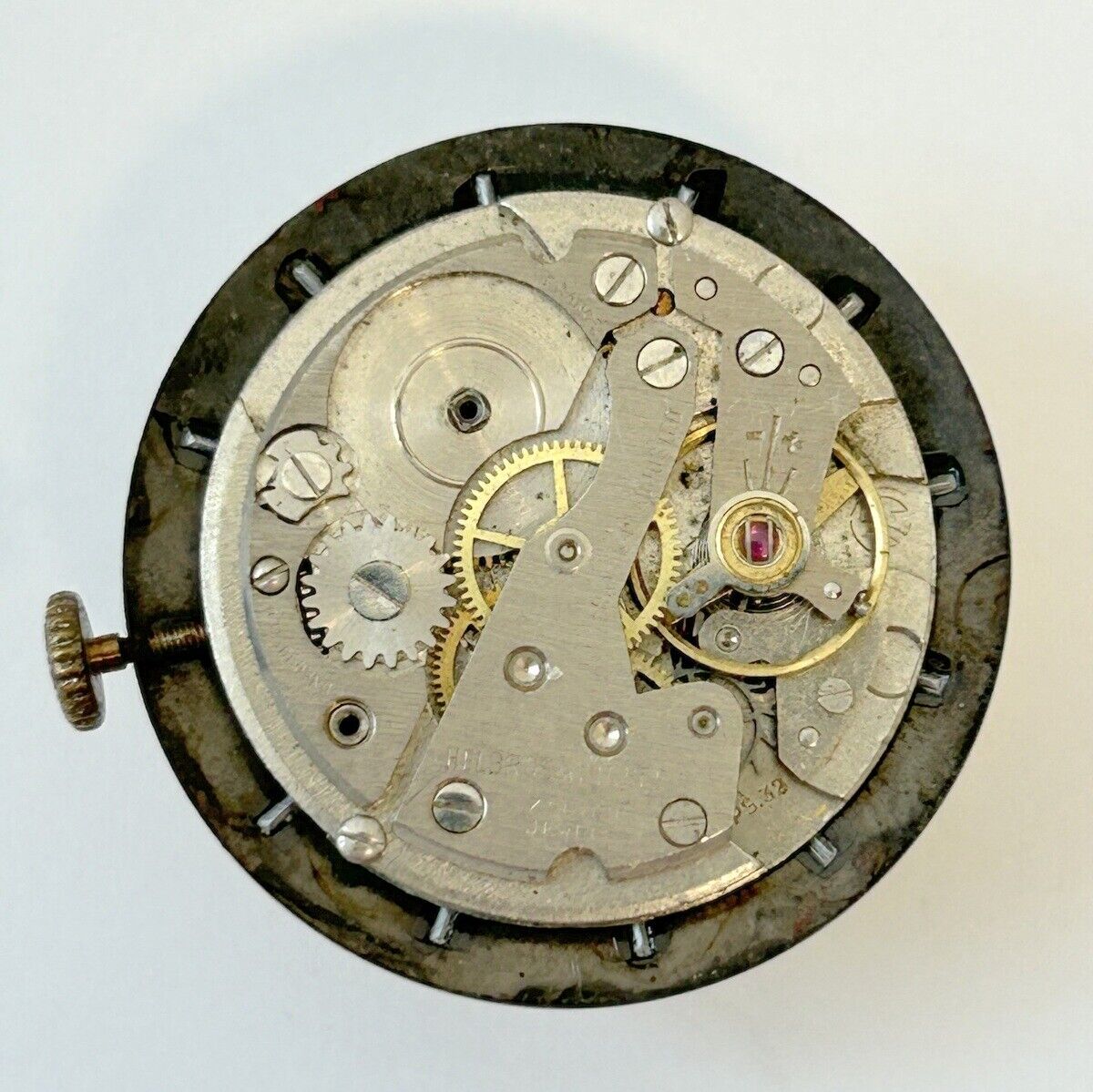 Helbros Cal PS.32 Watch Movement For Parts Balance Fork Spring Bridge - Used Watch Parts