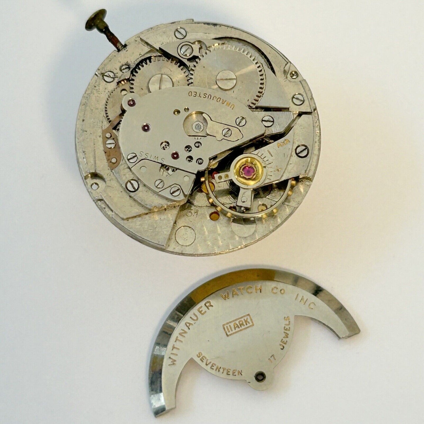 Wittnauer Cal 11ARK Watch Movement For Parts Balance Fork Spring Bridge - Used Watch Parts