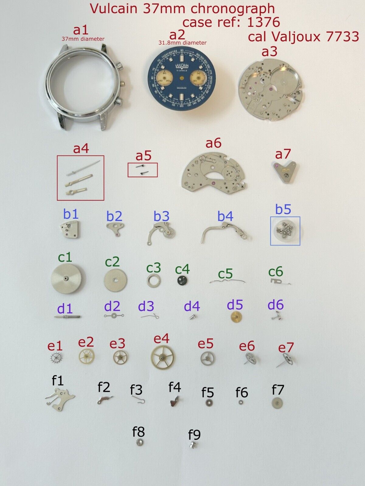 Vulcain 37mm chronograph Valjoux Cal 7733 Watch Movement Parts 7734 7736 3 - Used Watch Parts