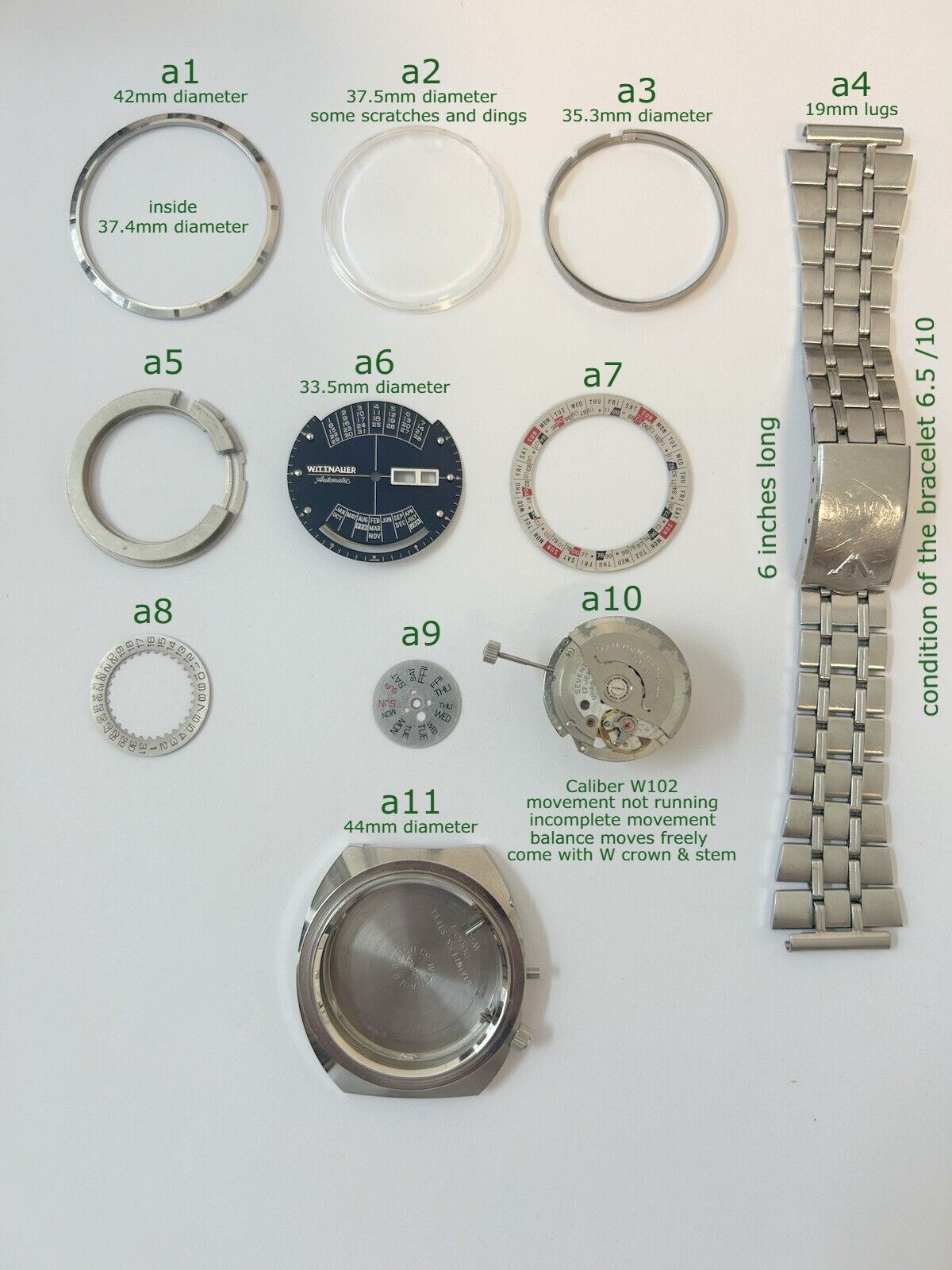 Wittnauer 2000 Cal W102 Watch Movement For Parts Case Bracelet Dial Crystal - Used Watch Parts