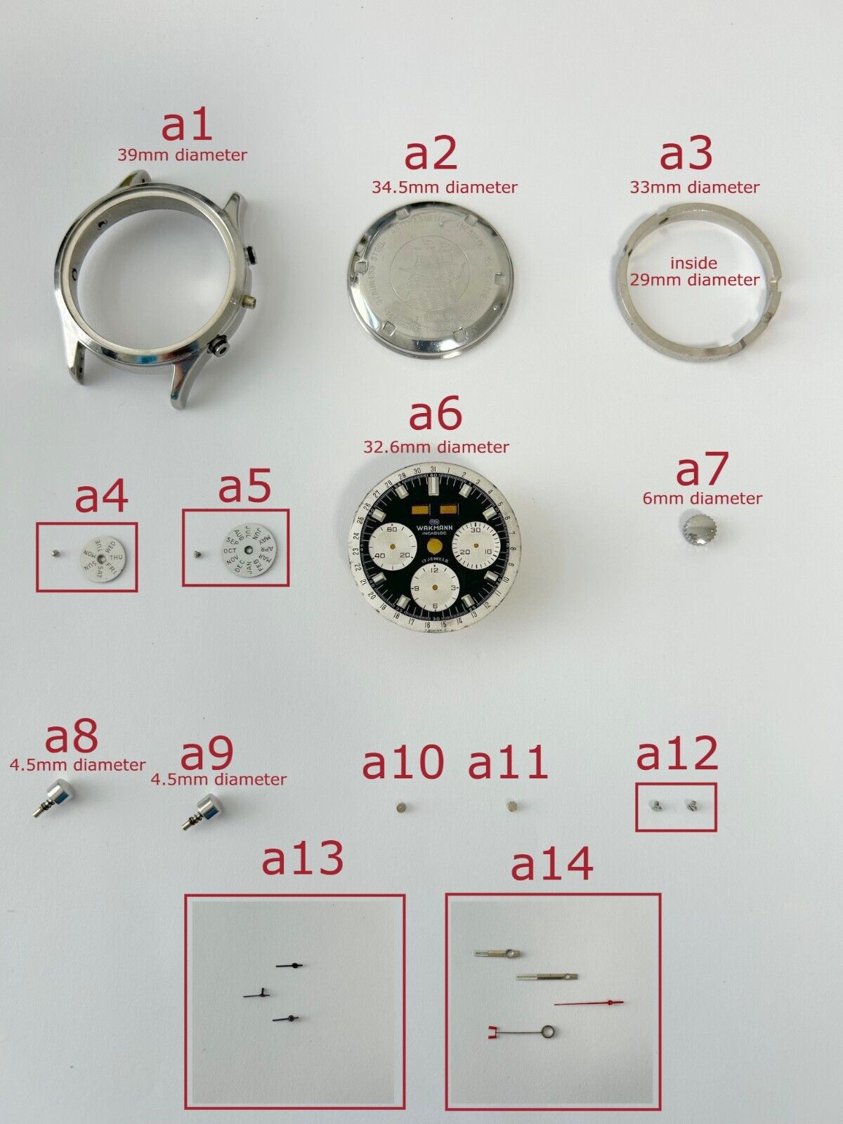 Wakmann Chronograph 71.1309.70 Part Case Pusher Dial Hand Sub Second Valjoux 730 - Used Watch Parts