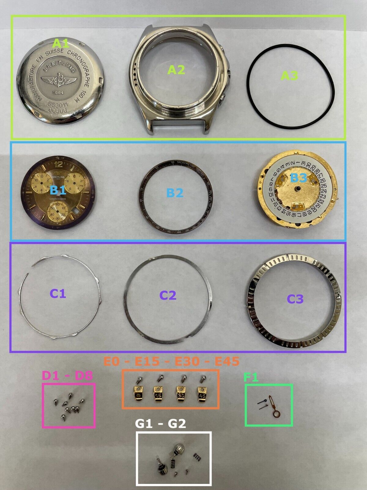 Breitling 38mm B53011 parts case movement pusher bezel screw 18k gold rider tab - Used Watch Parts