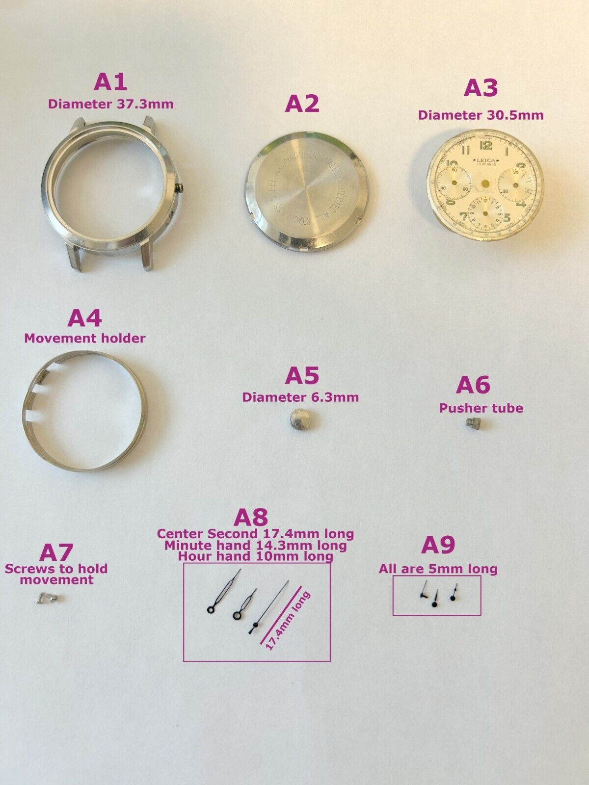 Wakmann Chronograph 37mm Parts Case Dial Tube Hand Crown Sub Second Venus 178 - Used Watch Parts