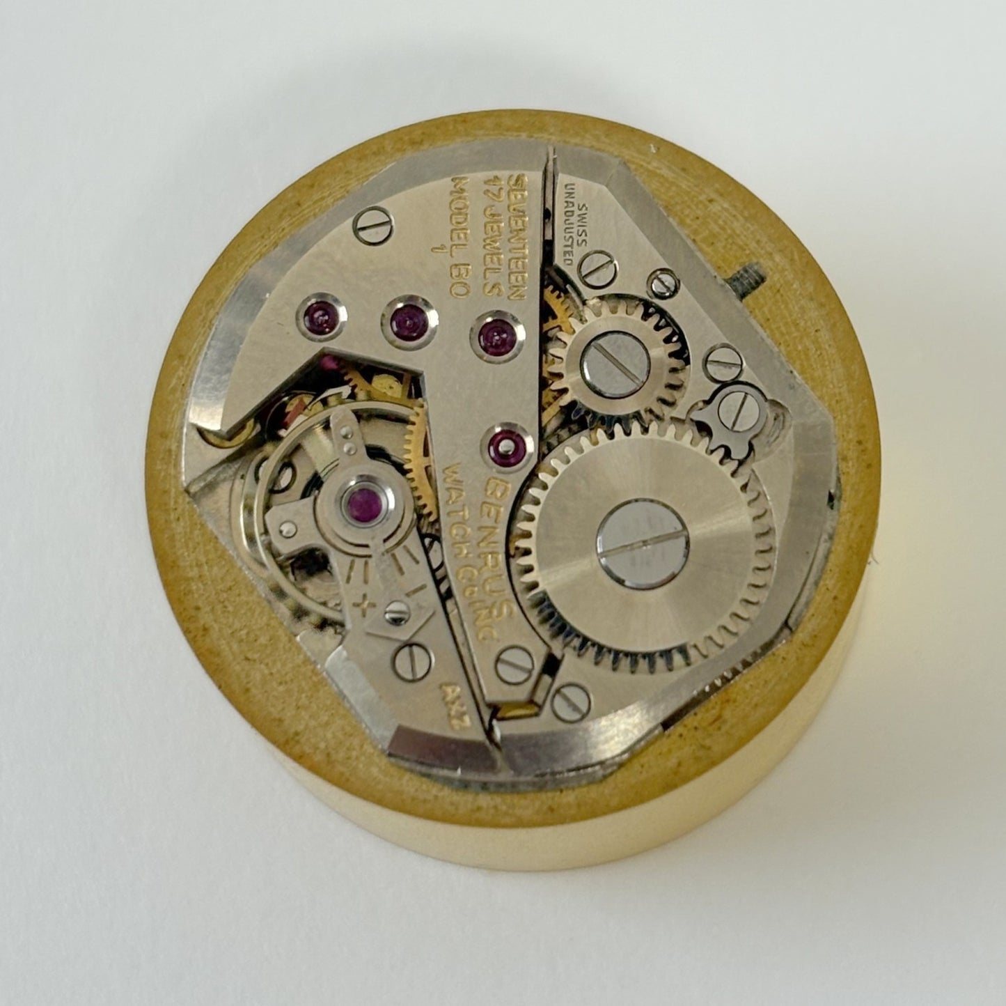 Benrus Cal BO1 Watch Parts Movement Balance Fork Wheels Spring Bridge Dial