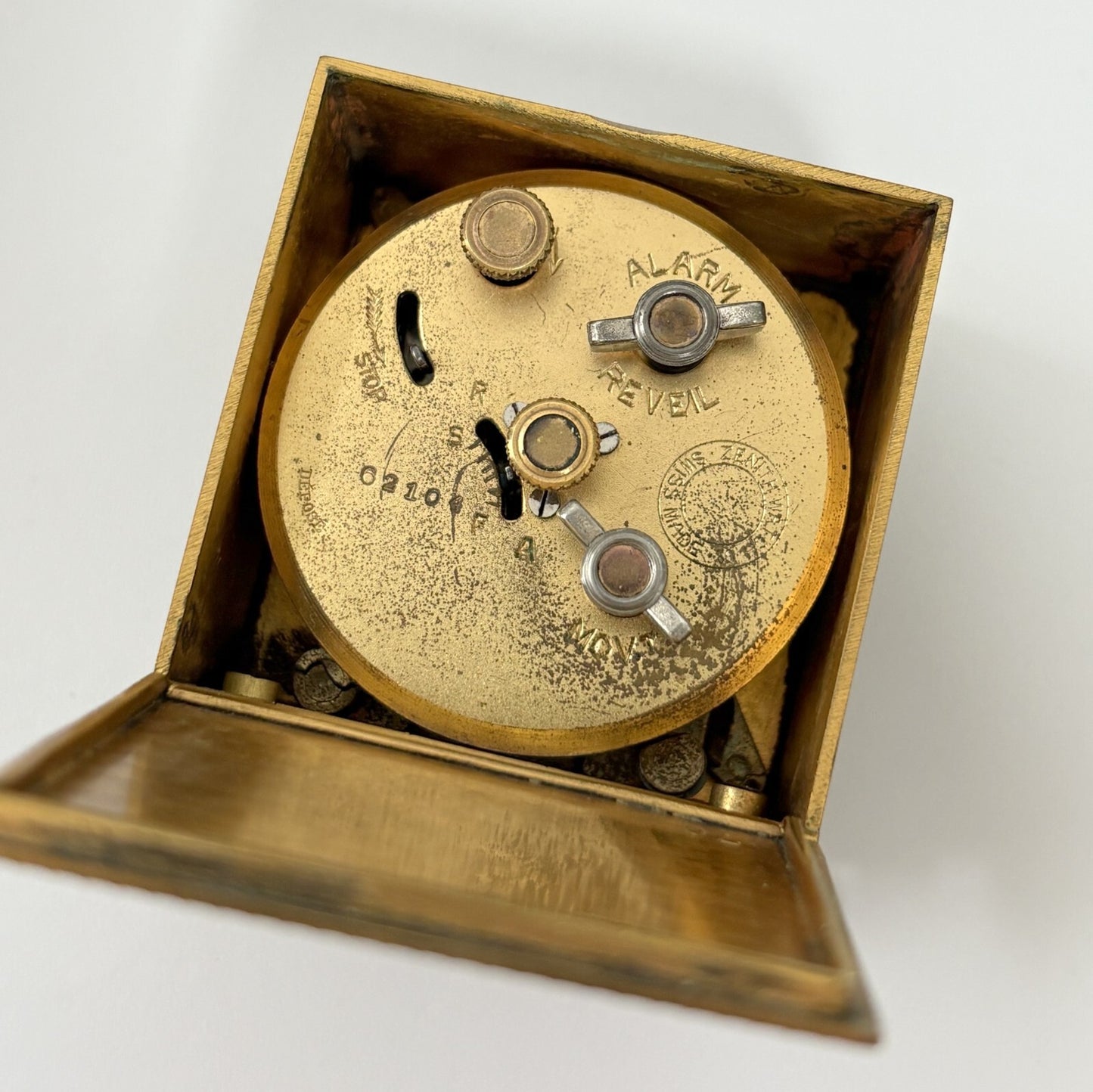 Zenith Enamel Alarm Clock Movement Parts Balance Barrel Escapement Wheel Fork