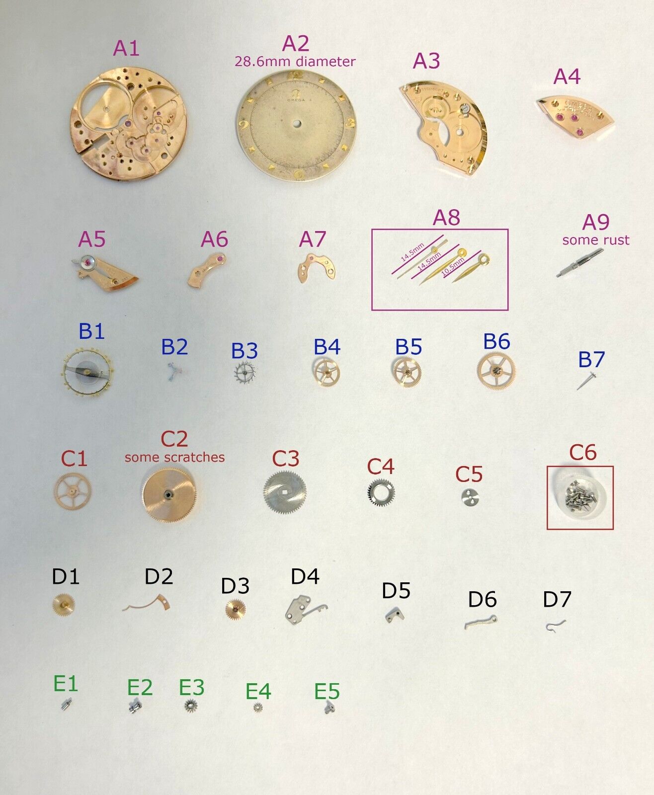 Omega Cal 370 Watch Movement Parts Dial Hands 28 28SC 360 371 372 28SC 360 361 - Used Watch Parts