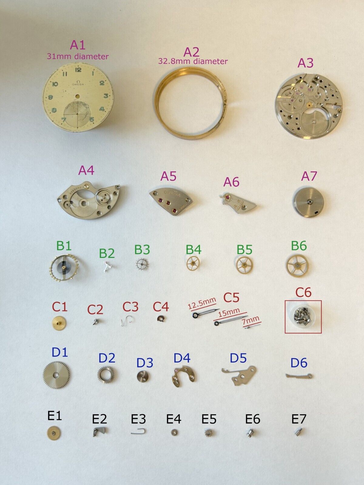 Omega Cal 30 T2 Watch Movement Parts Fork Wheel Spring Bridge Dial Hands - Used Watch Parts