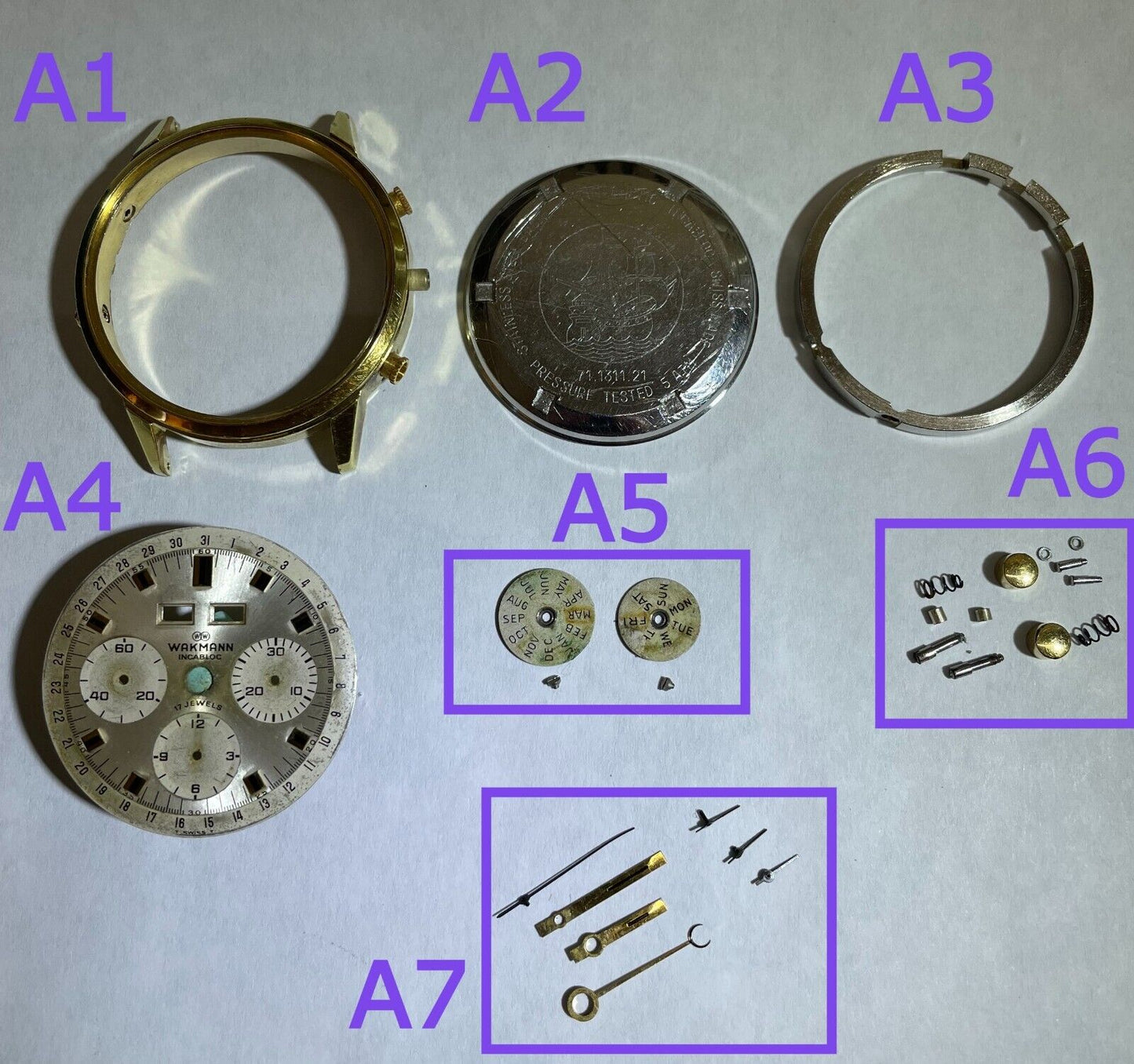 Wakmann Chronograph 38mm Parts Case Dial Hands Disc Pushers Valjoux 730 72c - Used Watch Parts