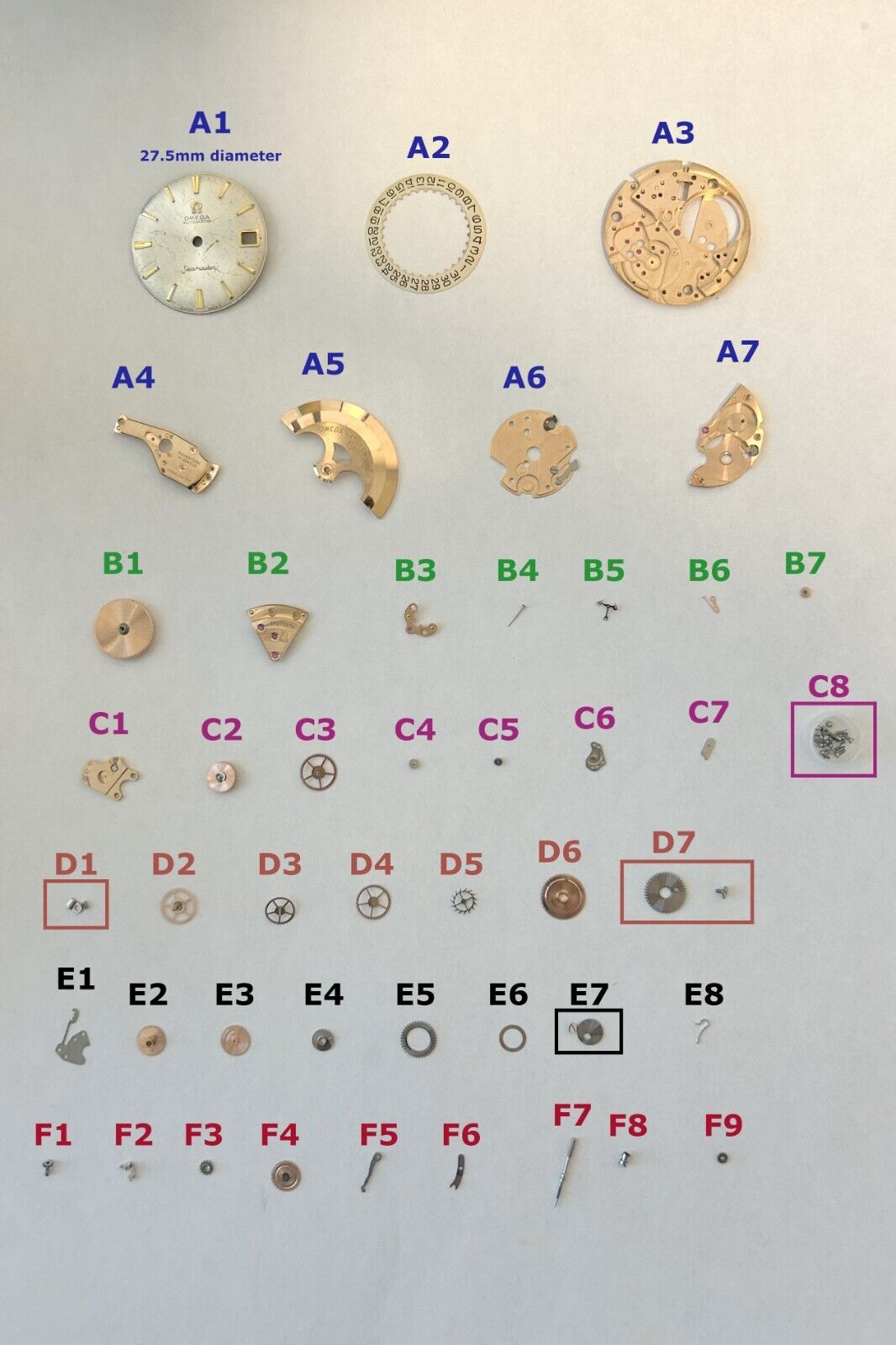 Omega Cal 563 Watch Parts Movement Dial Calendar Disk Fork Wheels Springs Bridge - Used Watch Parts