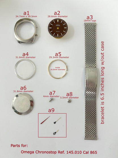 Omega Chronostop ref 145.010 case back parts bracelet hands dial watch cal 865