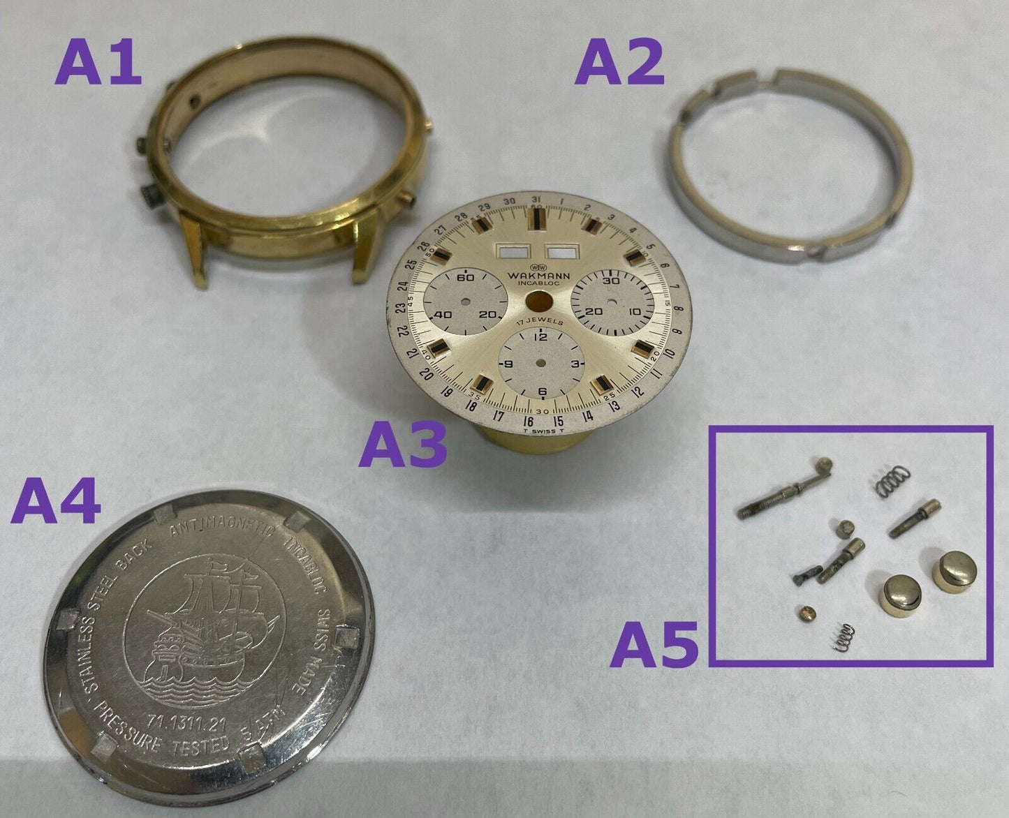 Wakmann Chronograph Ref: 71.1311.21 38mm Parts Case Dial Pushers Valjoux 730 72c - Used Watch Parts