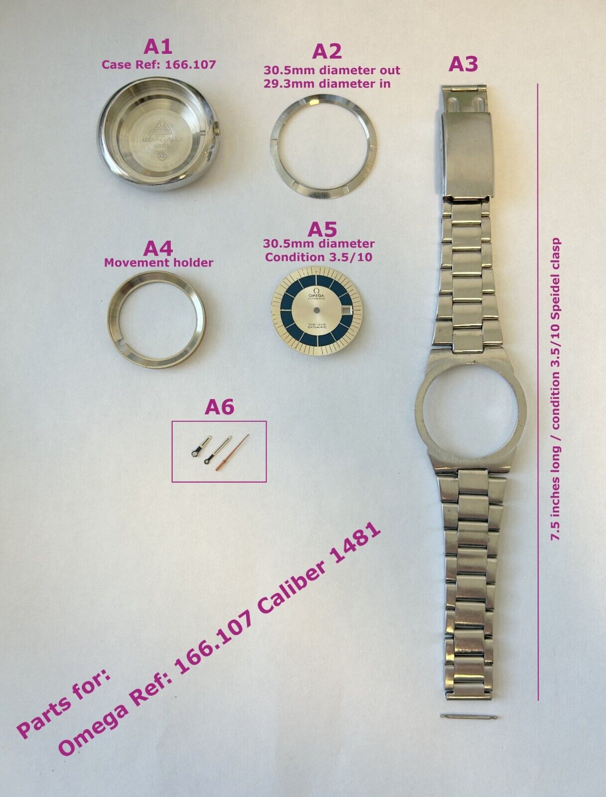 OMEGA Dynamic case parts bracelet ref 166.107 hands dial watch caliber 1481 - Used Watch Parts