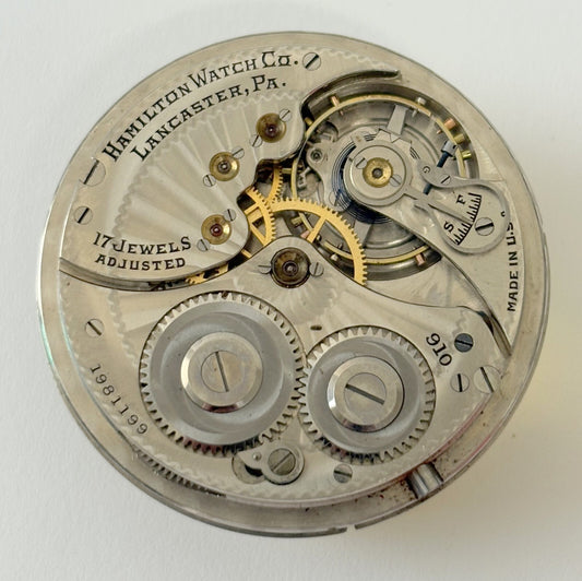 Hamilton Grade 910 Pocket Watch Part Movement Balance Fork Spring Bridge Dial