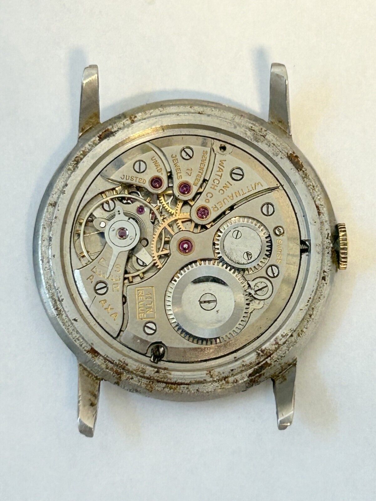 Wittnauer Revue 11TN Watch Parts Movement Balance Fork Wheels Spring Bridge Dial - Used Watch Parts