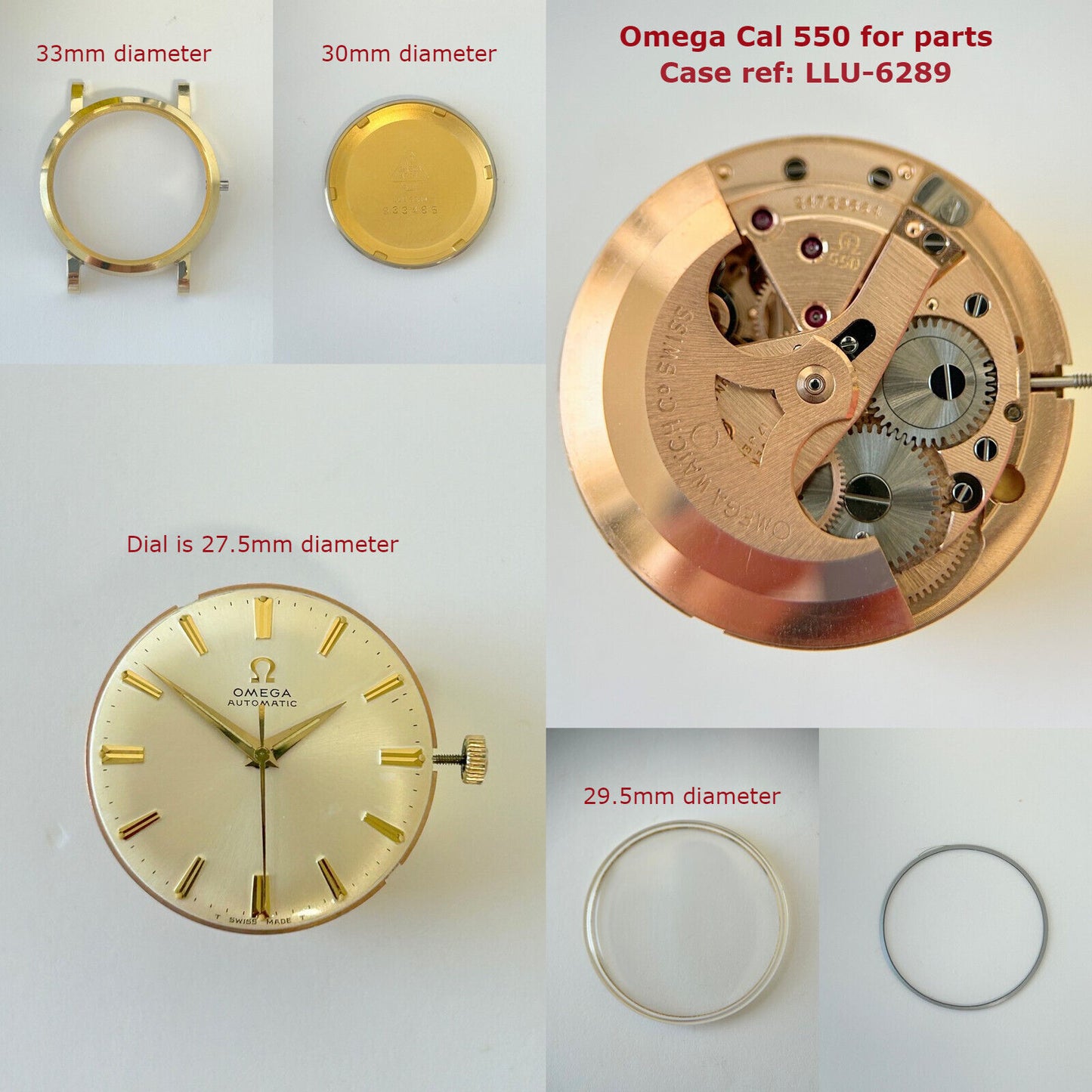 Omega Cal 550 Watch Movement Parts Crystal Buckle Crown Case Back LLU-6289 3