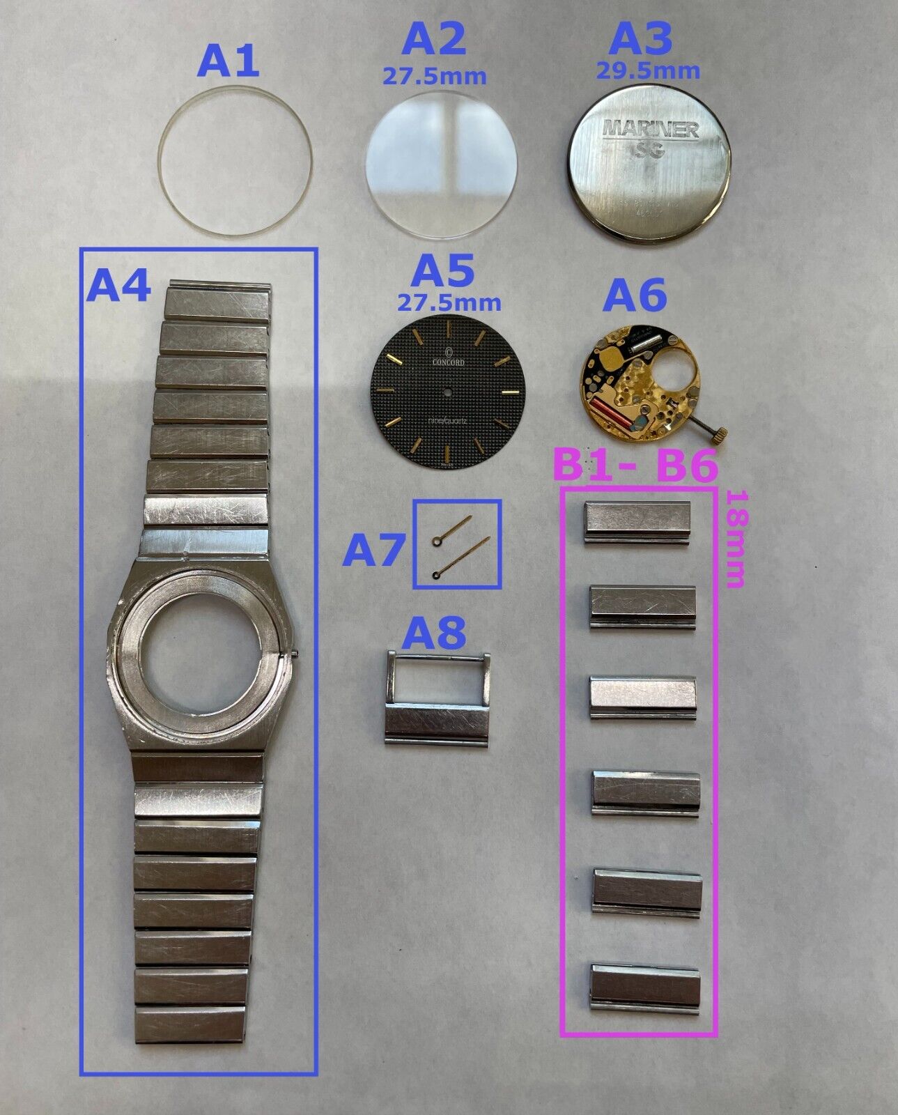 Concord Mariner watch part case movement crystal 18mm link crown stem hands dial - Used Watch Parts