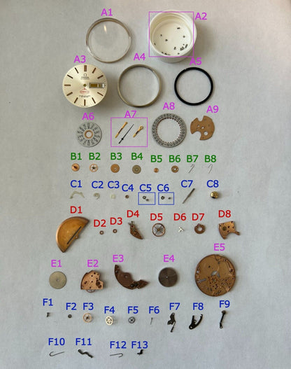 Omega 1020 Parts Movement Balance Fork Wheels Springs Bridge Watch Dial 166.0117 - Used Watch Parts