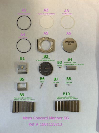 Concord Mariner SG watch part case movement crystal 18mm link crown stem dial 2 - Used Watch Parts