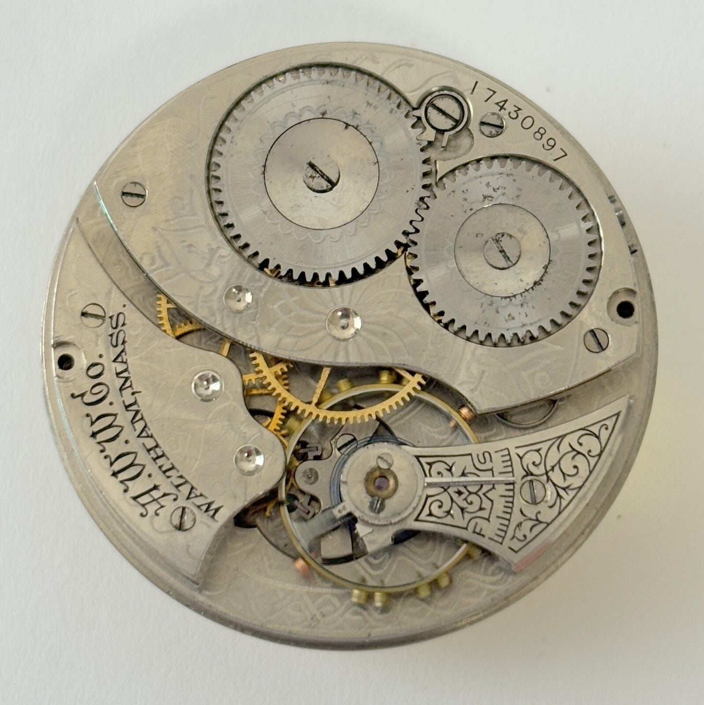 Waltham Grade 210 Pocket Watch Part Movement Balance Fork Spring Bridge Dial