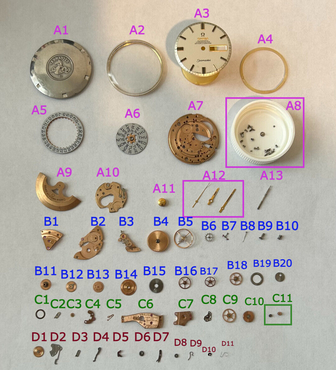 Omega Cal 751 Parts Movement Balance Fork Wheel Spring Bridge Watch Dial 166.032 - Used Watch Parts