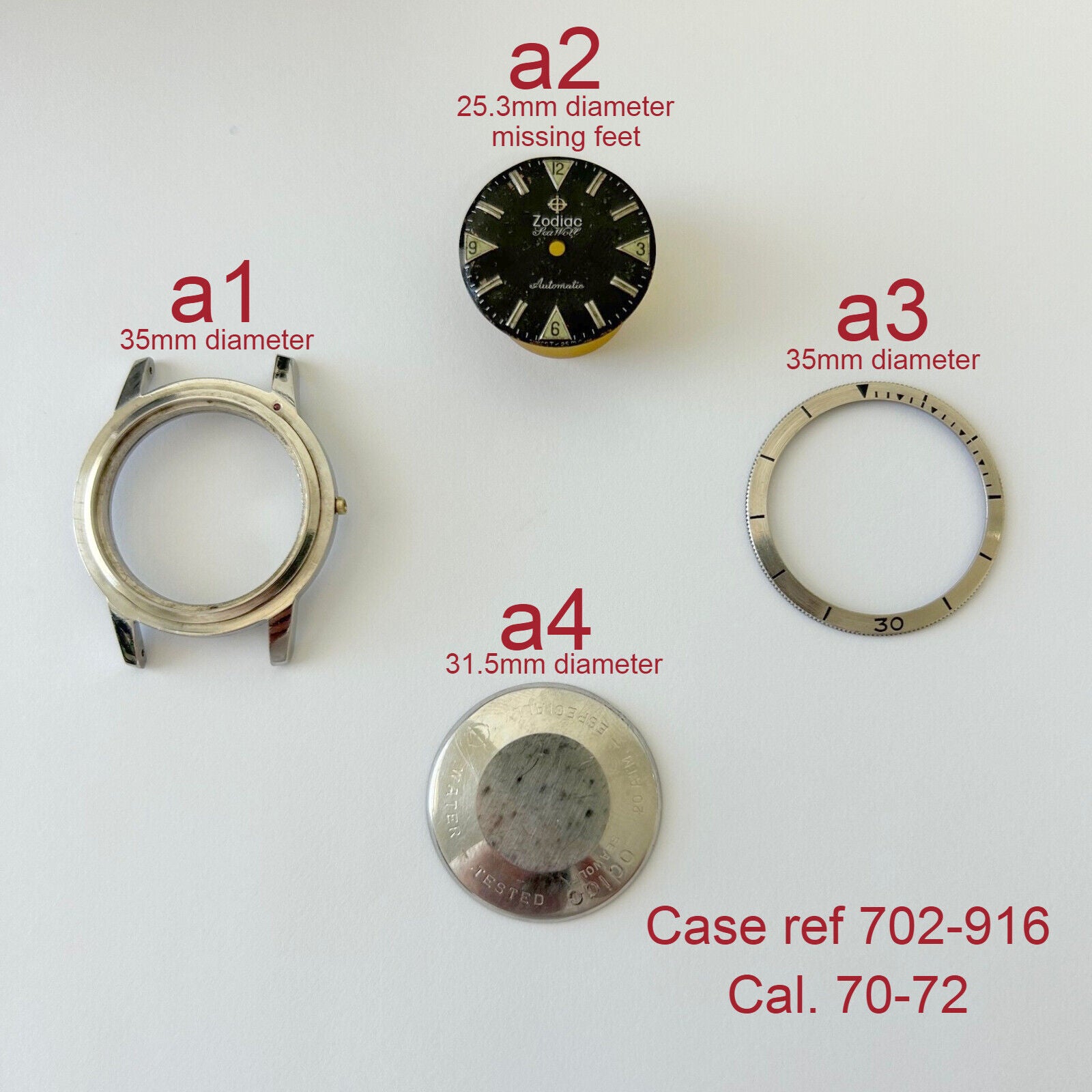 Vintage Zodiac ref 702-916 diver watch parts case back bezel dial Cal 70-72 - Used Watch Parts
