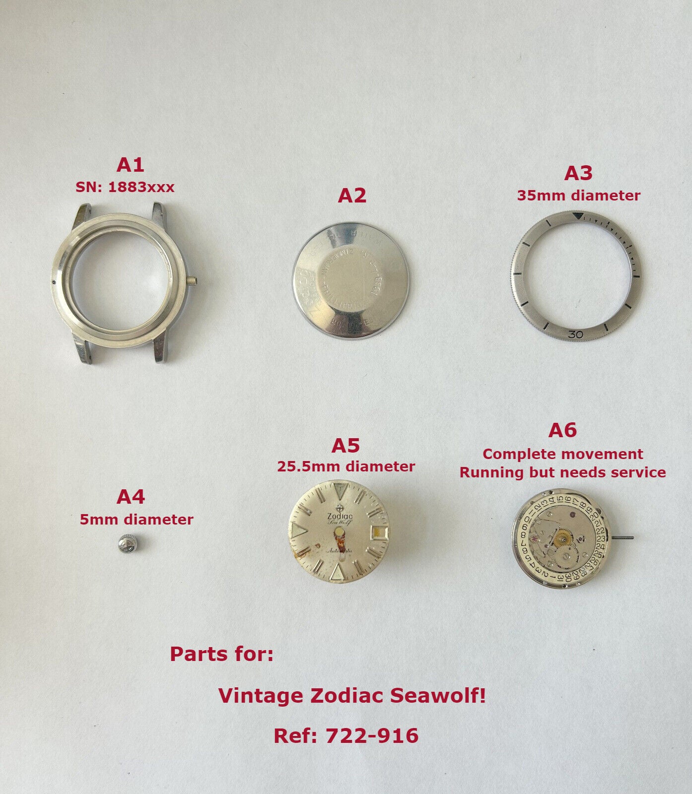 Vintage Zodiac ref 722-916 diver watch parts case back bezel movement crown - Used Watch Parts