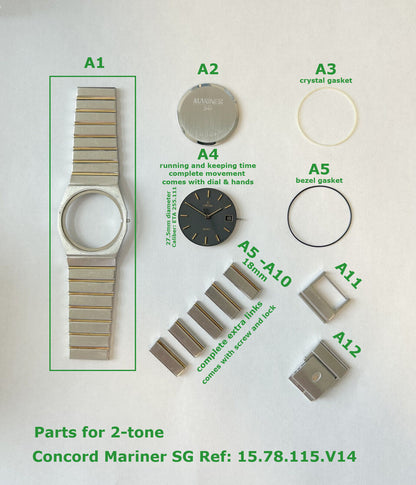 Concord Mariner SG 2Tone gold watch part case movement 18mm link crown stem dial - Used Watch Parts