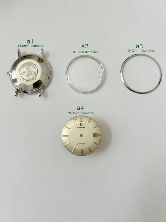 Omega Ref 166.020 34.5mm watch case back parts dial bezel crystal for Cal 560 - Used Watch Parts