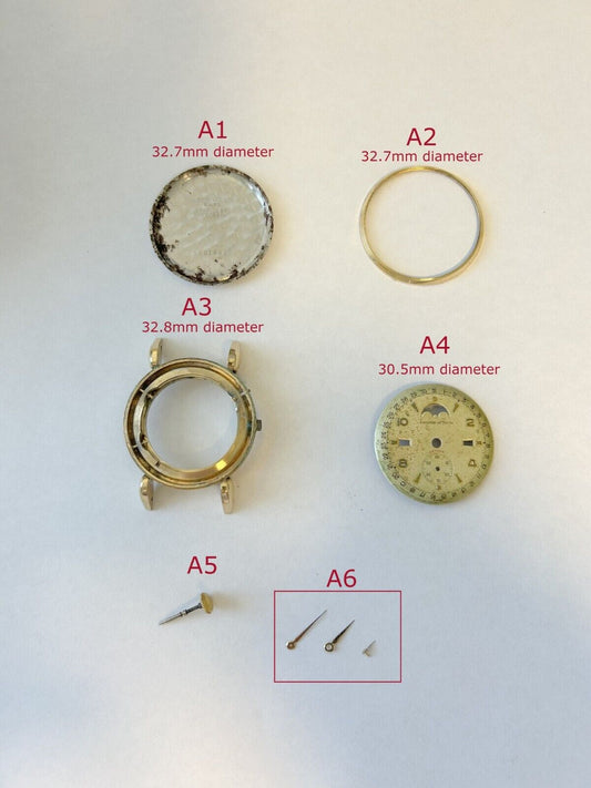 Kingston Watch 107 C Parts Case Hands Dial Stem Bezel Triple-Date Moon Phase - Used Watch Parts